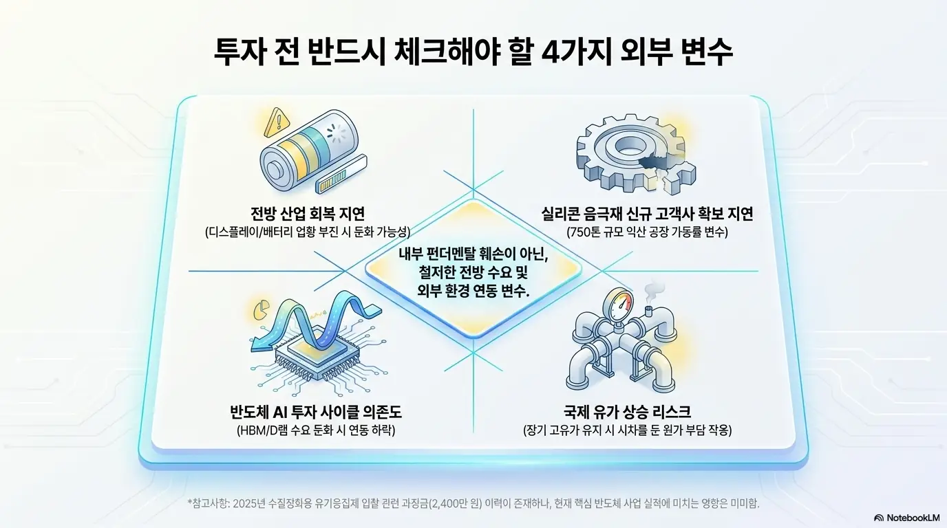 한솔케미칼 주가 전망: 한솔케미칼 투자 전 점검할 4가지 외부 변수를 정리한 이미지. 전방 산업 회복 지연, 실리콘 음극재 고객사 확보 지연, 반도체 사이클 의존도, 국제 유가 상승 리스크 등 내부가 아닌 외부 환경 연동 변수임을 시각적으로 설명함.