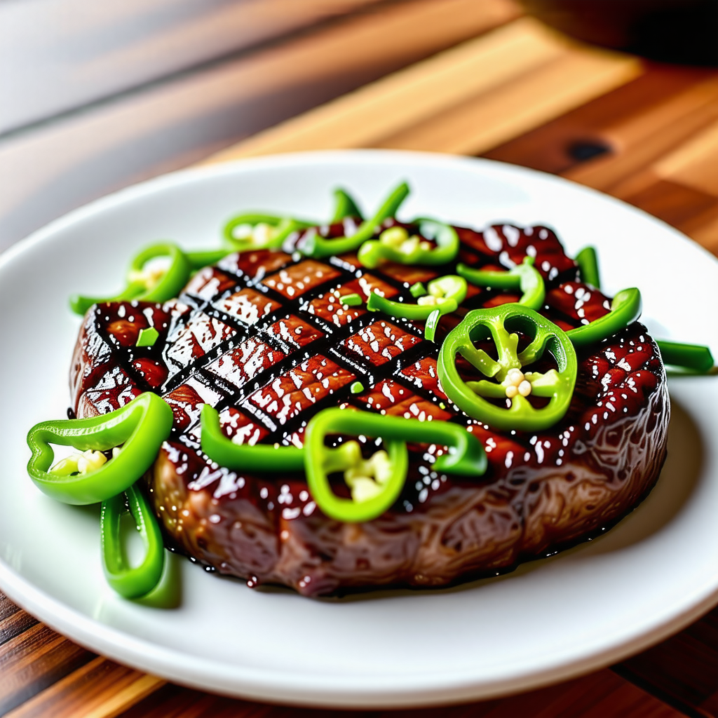 소고기 스테이크와 함께 신선한 피망을 곁들인 접시 이미지.