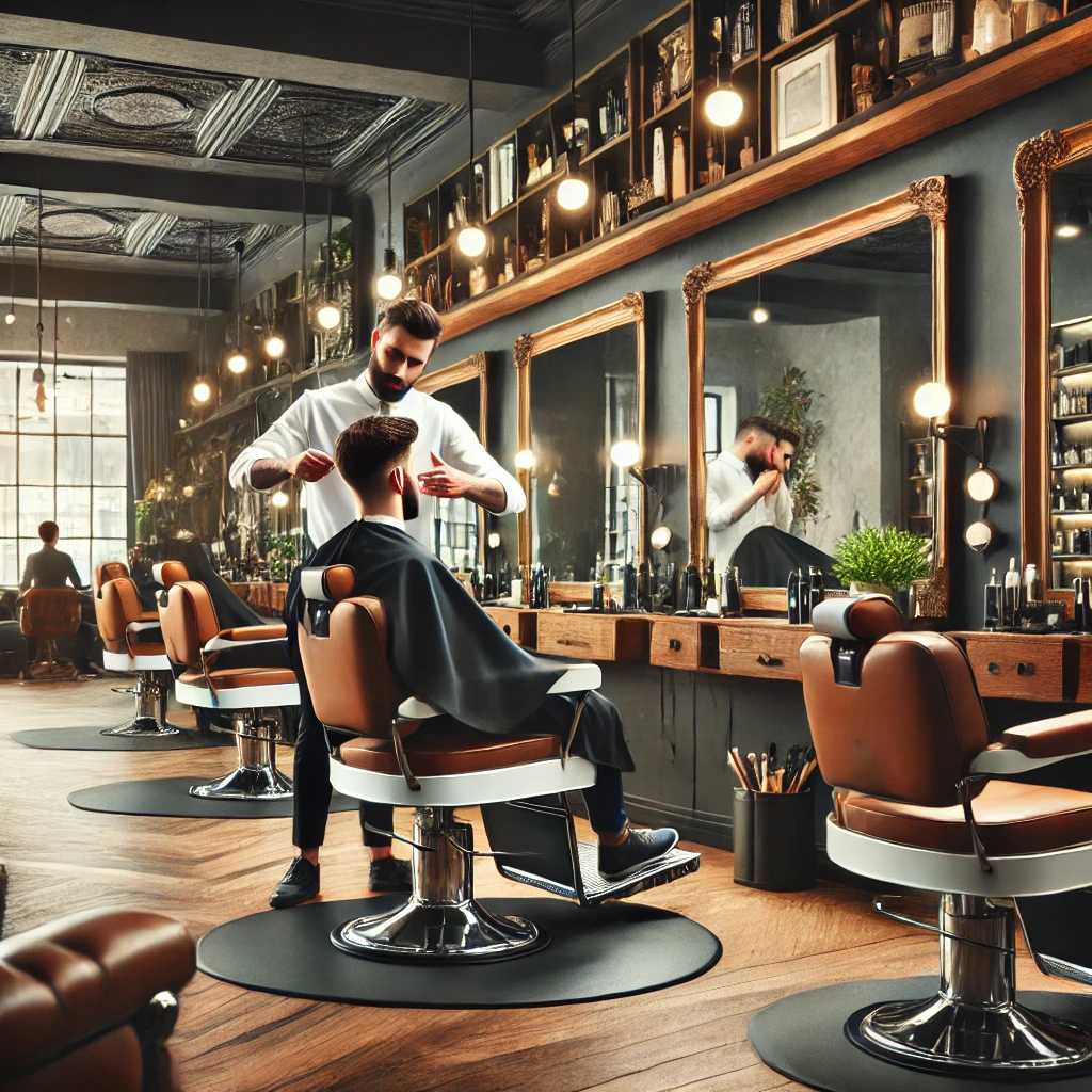 현대적인 이발소 - 세련된 인테리어에서 고객의 머리를 다듬는 장면.