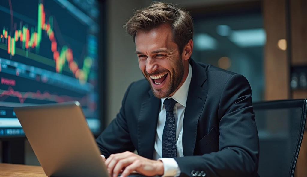 투자 성공하고 행복해 하는 남자 이미지