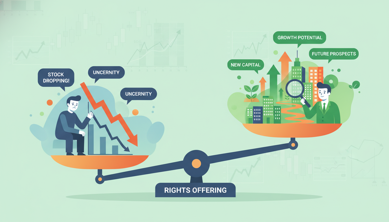 2026년 유상증자의 양면성을 보여주는 이미지. 저울의 한쪽에는 하락하는 주가와 걱정하는 투자자, 다른 한쪽에는 성장하는 기업과 새로운 기회를 나타내는 요소들이 대비되어 유상증자가 악재와 호재 모두 될 수 있음을 시각적으로 표현한다.