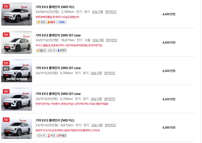 기아 EV3 중고차 가격 시세표 유지비