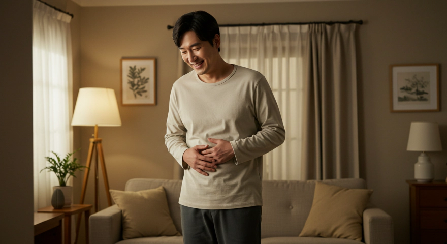 속이 편안한 표정의 남성