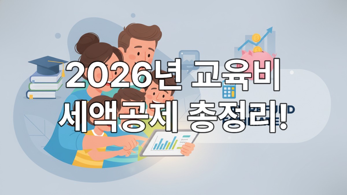 2026년 자녀 교육비 및 보육수당 비과세 확대 소식을 듣고 기뻐하는 부부와 초등학생 자녀들이 노트북으로 세액공제 정보를 확인하는 모습