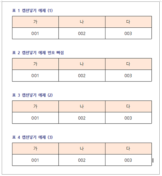 한글 캡션 설정 표번호 그림번호