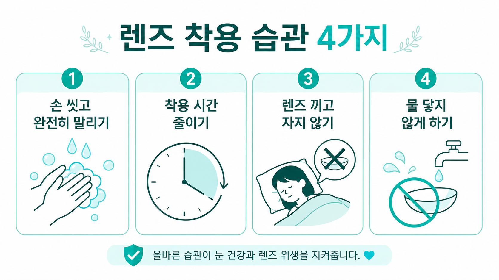 손 씻기, 렌즈 케이스, 안경, 물 피하기를 함께 배치한 렌즈 착용 안내