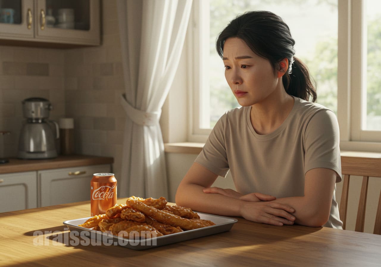 식탁위에 튀김, 당분 등 염증 유발 식사가 차려져있고, 여성이 생각에 잠겨잇습니다.