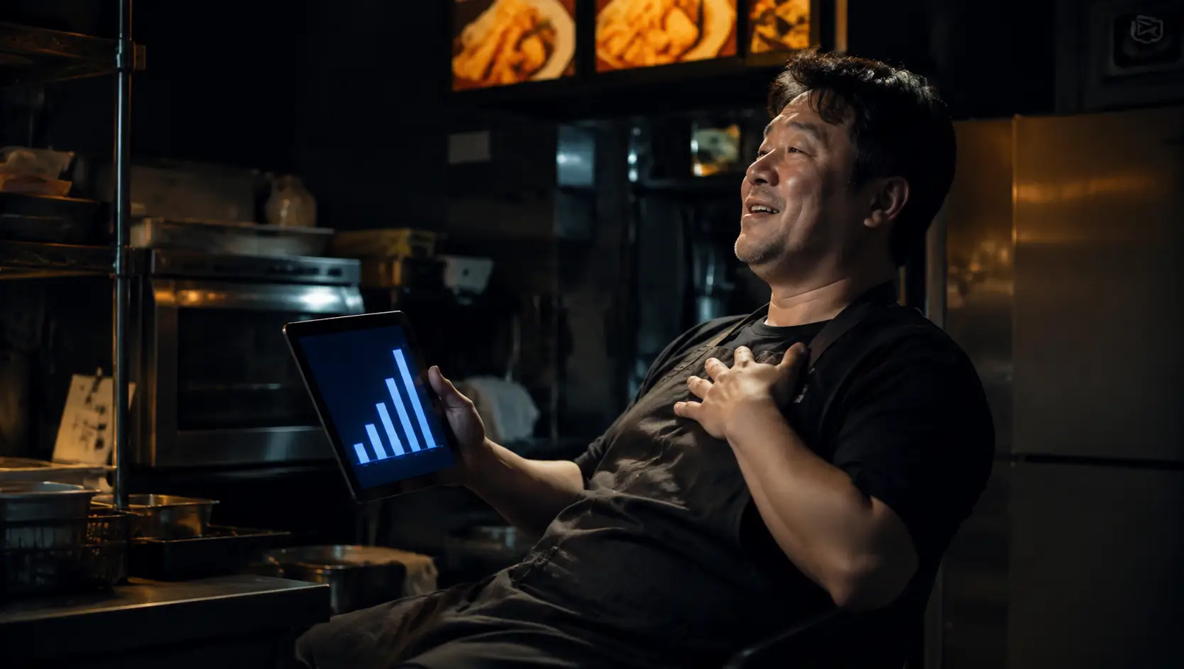 영업을 마친 늦은 밤 어두운 가게 안에서 태블릿 PC로 소상공인 대환 대출 승인 화면을 보며 가슴을 쓸어내리는 40대 사장님