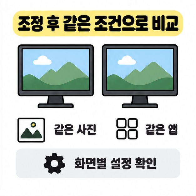 같은 산 풍경을 표시한 두 모니터 아래 같은 사진과 같은 앱 및 화면별 설정 확인 문구를 배치한 비교 이미지