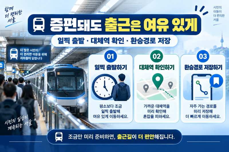 서울 버스 파업 지하철 증편 시 출근 대체경로 준비방법을 설명한 인포그래픽