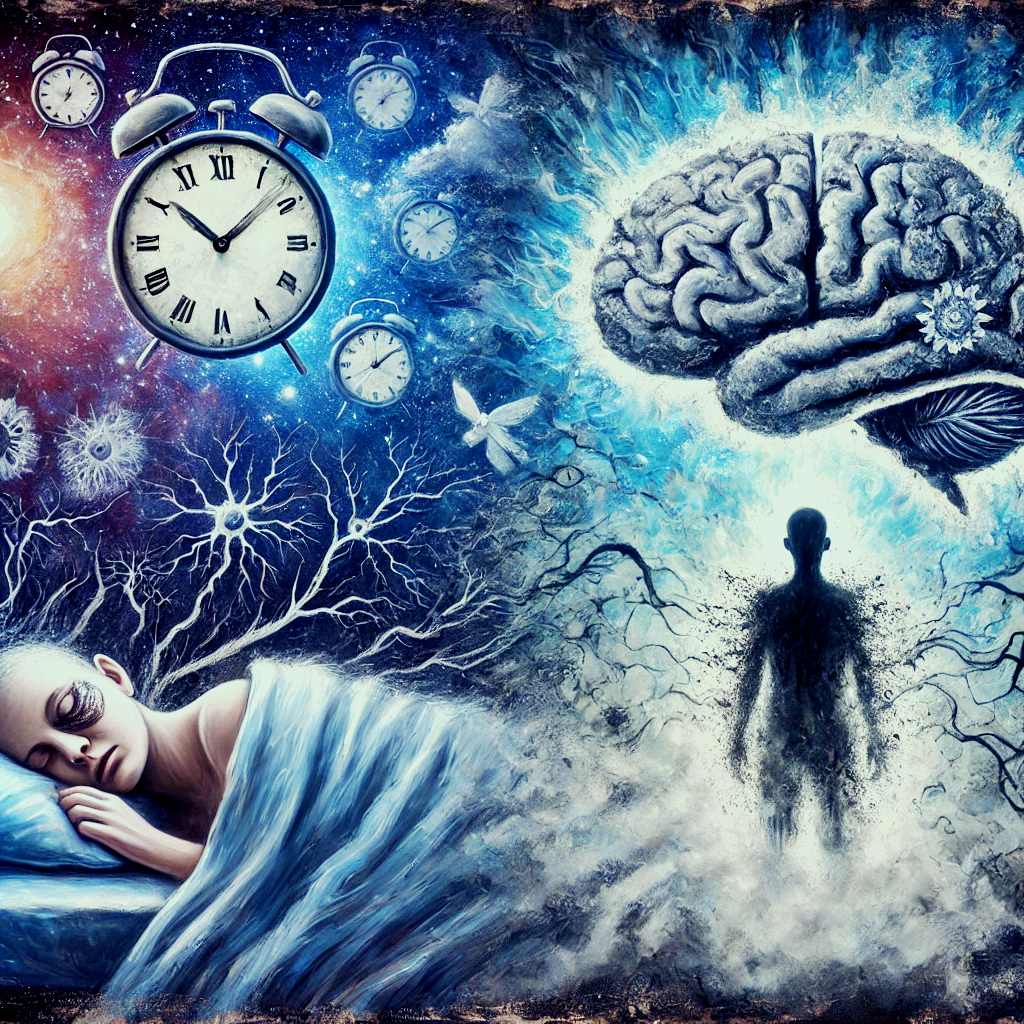 수면부족과 치매라는 내용을 그래픽 하게 연출함