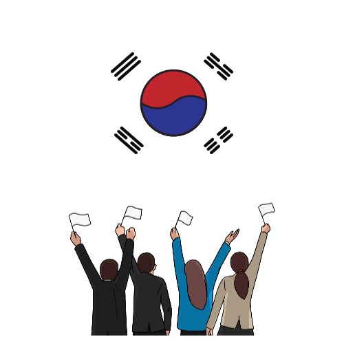 커다란 태극기 아래 남자 여자 4명이 모여 작은 깃발을 흔들고 있다