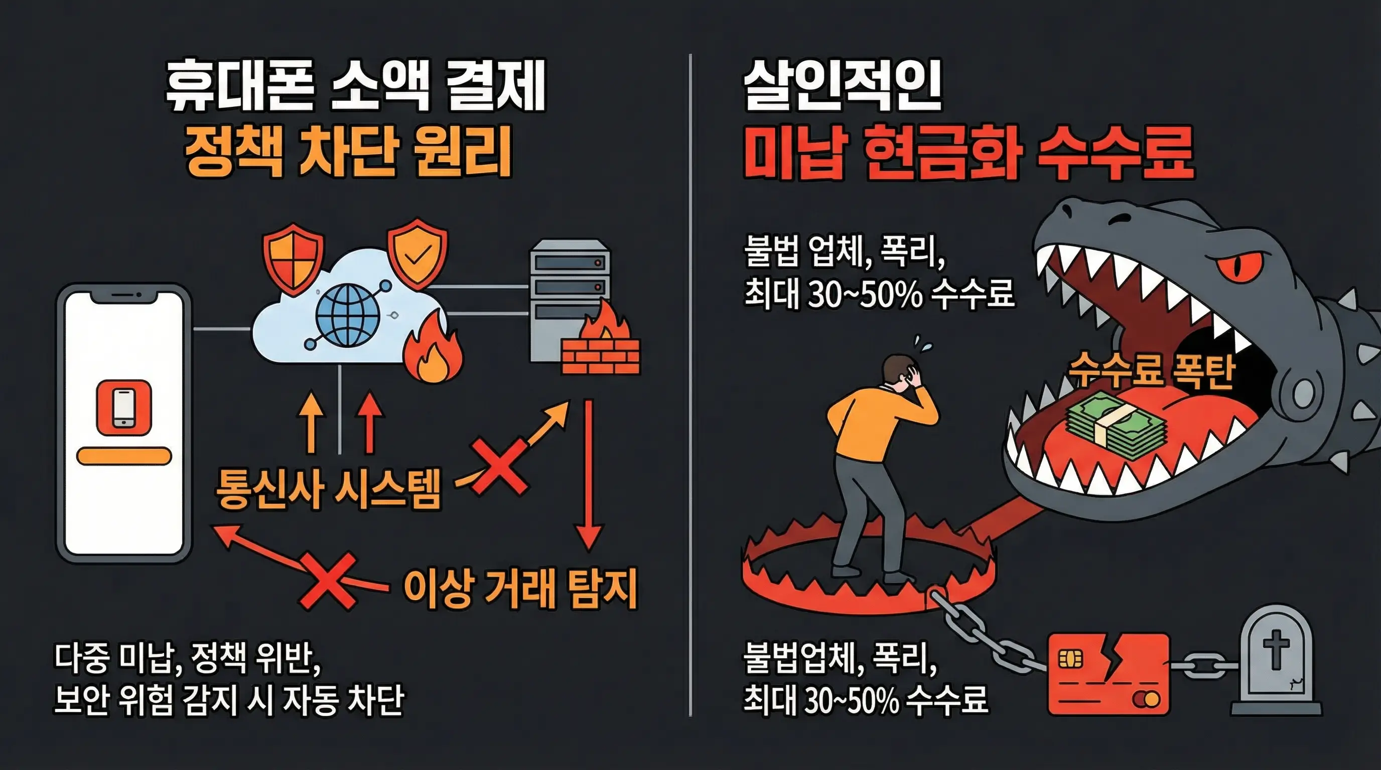 휴대폰 소액 결제 정책 차단 원리와 살인적인 미납 현금화 수수료의 실체를 경고하는 인포그래픽
