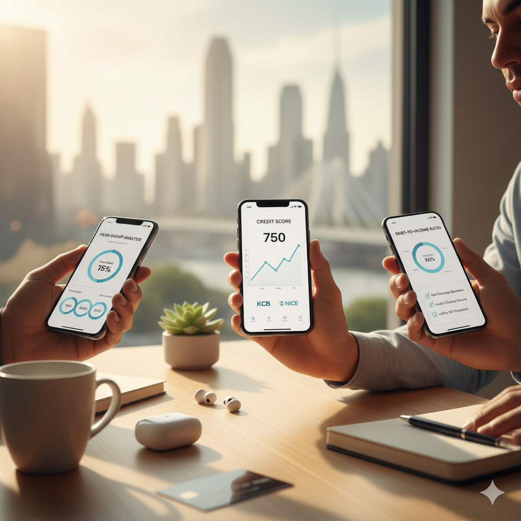 커피 잔 옆에 앉은 남성이 세 대의 스마트폰을 들고 있으며, 각 화면에 금융 분석 앱이 표시되어 있다. 화면에는 신용 점수(750), Debt-to-Income Ratio(36%), 체크리스트(유틸리티 청구서, 임대료 등), 도시 전망이 배경으로 보이는 장면.