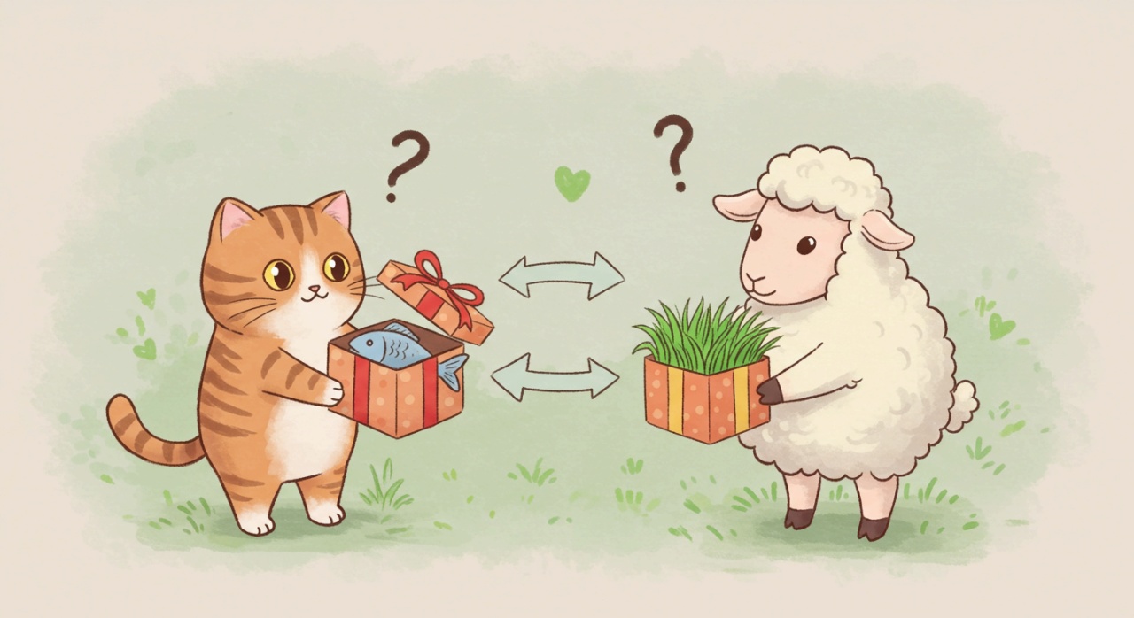 고양이와 양이 서로 좋아하는 먹이를 선물로 주고받으며 당황스러워하는 모습