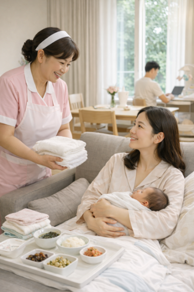 산후 도우미가 산모에게 수건을 건네며 미소 짓는 장면, 출산 후 회복을 돕는 따뜻한 돌봄 서비스 이미지