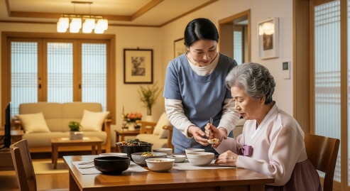 요양보호사가 집에서 어르신 식사 도와주는 장면
