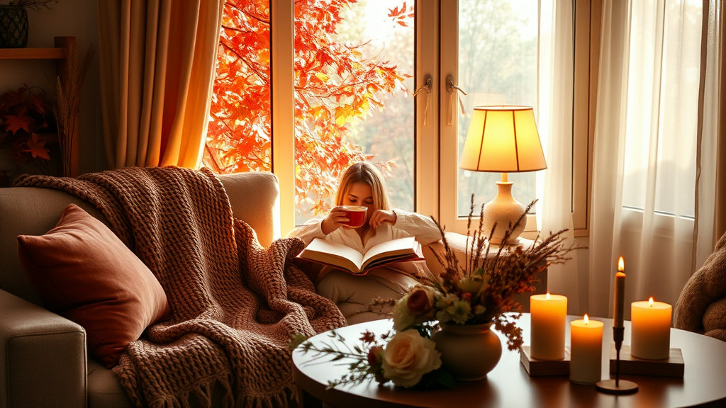 포근한 가을 햇살이 스며드는 따뜻하고 조용한 실내 분위기