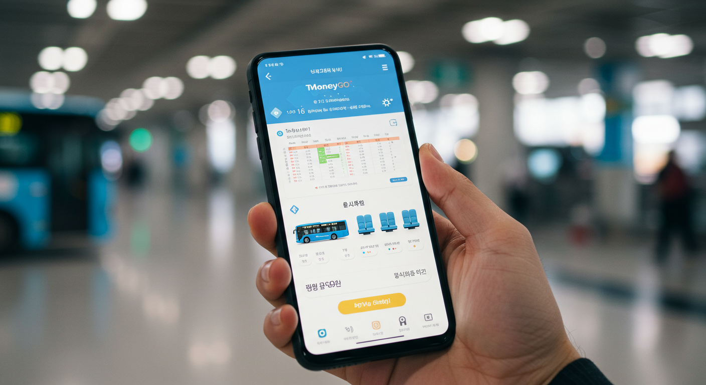 버스표 예매 앱이 켜진 스마트폰을 들고 있는 한국인 손.