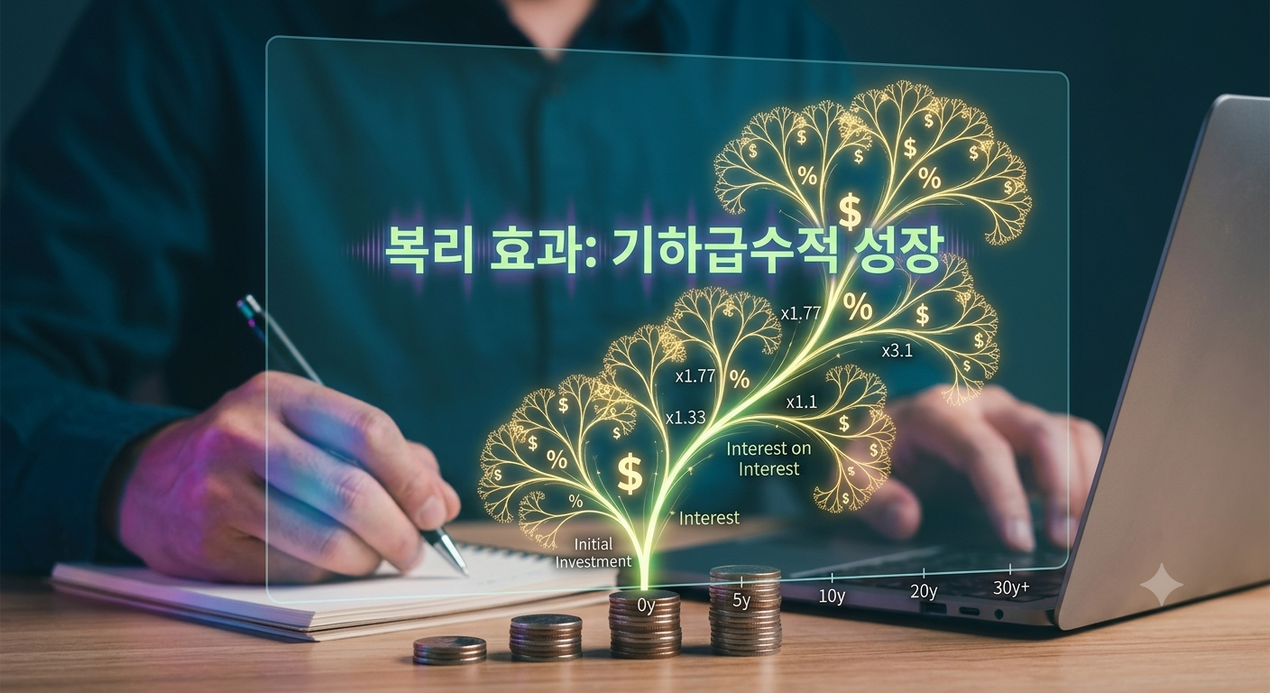 나무 테이블 위에 쌓인 동전 탑들을 기반으로, 투명한 가상 스크린 화면에 빛나는 황금빛 나뭇가지들이 프랙탈(Fractal) 구조로 뻗어나가며 기하급수적으로 풍성해지는 '복리 나무'가 시각화되어 있는 모습. 나뭇가지 곳곳에는 달러 기호($)와 퍼센트 기호(%), 그리고 시간이 흐름에 따라 이자에 이자가 붙어 자산이 증식하는 배율(x1.33, x1.77, x3.1 등)이 정밀하게 표시되어 있습니다. 왼쪽에는 '복리 효과: 기하급수적 성장'이라는 선명한 한글 문구가 떠 있으며, 배경에는 한 남성이 펜을 들고 공책에 기록하며 노트북으로 자산 관리 시스템을 점검하는 모습이 배치되어 있어 시간이 편이 되어 자산이 스스로 불어나는 복리의 강력한 금융 원리를 직관적이고 완성도 높게 표현한 그래픽 이미지