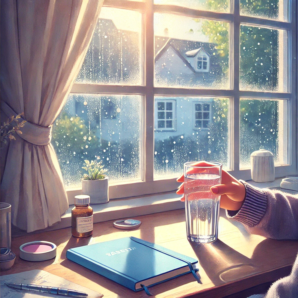 A person sipping water by a window on a peaceful morning