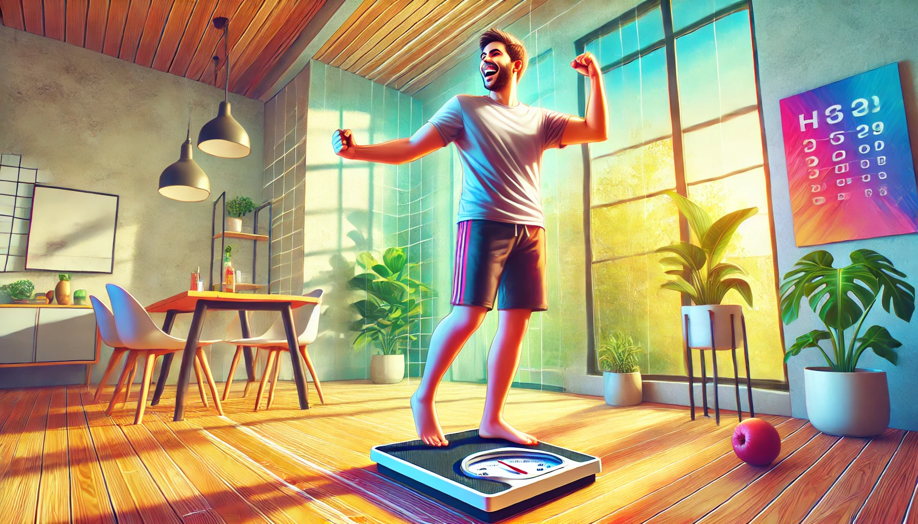 체중계 위에서 기뻐하는 사람