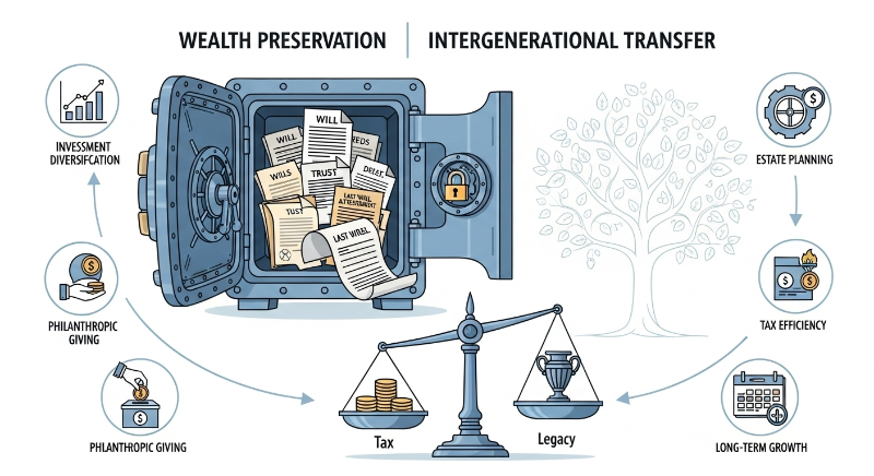 순자산 50억 이상 그룹의 금융 습관을 나타내는 이미지: 자산 유지, 상속 계획, 세금 관리를 위한 전문가와 상담하는 모습.
