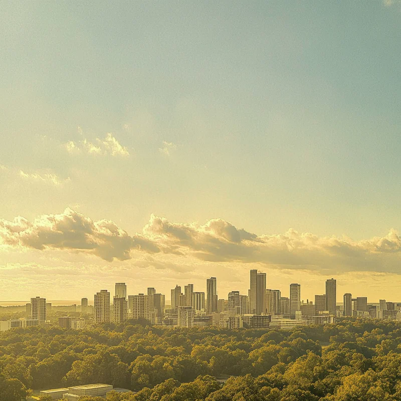 구름이 드리워진 도시 스카이라인이 장기 ETF 투자에 대한 안정성과 신뢰를 나타냅니다. 지속적인 성장과 전략적 안도감이 중요합니다.