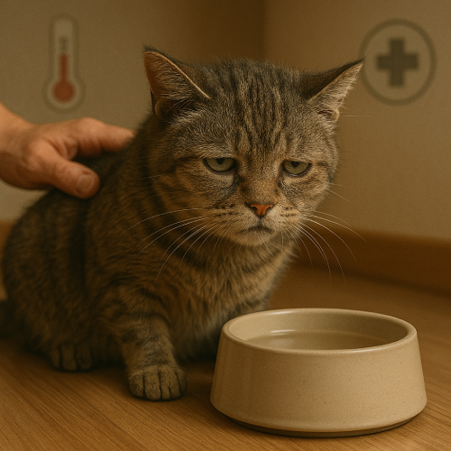 고양이가 탈수 증상으로 집사가 고양이를 어루만지는 모습