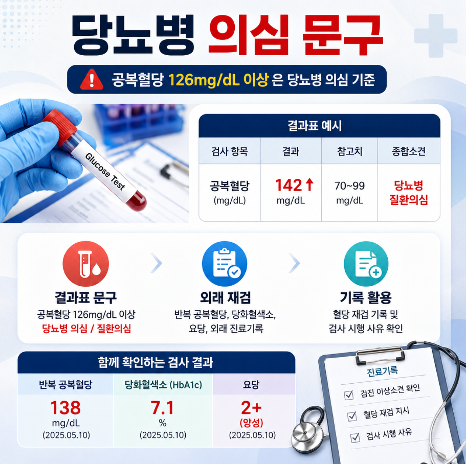 공복혈당 126mg/dL 이상 당뇨병 의심 문구와 반복 혈액검사, 요당, 외래 진료기록 확인 항목을 정리한 인포그래픽
