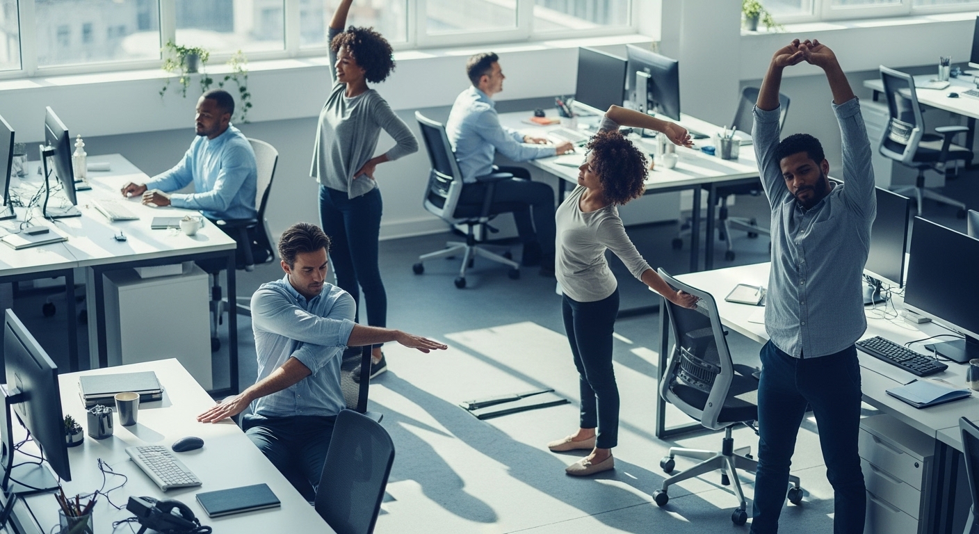 밝은 사무실에서 의자에 앉거나 서서 허리 스트레칭을 하는 다양한 직장인들, 건강한 사무실 환경 조성