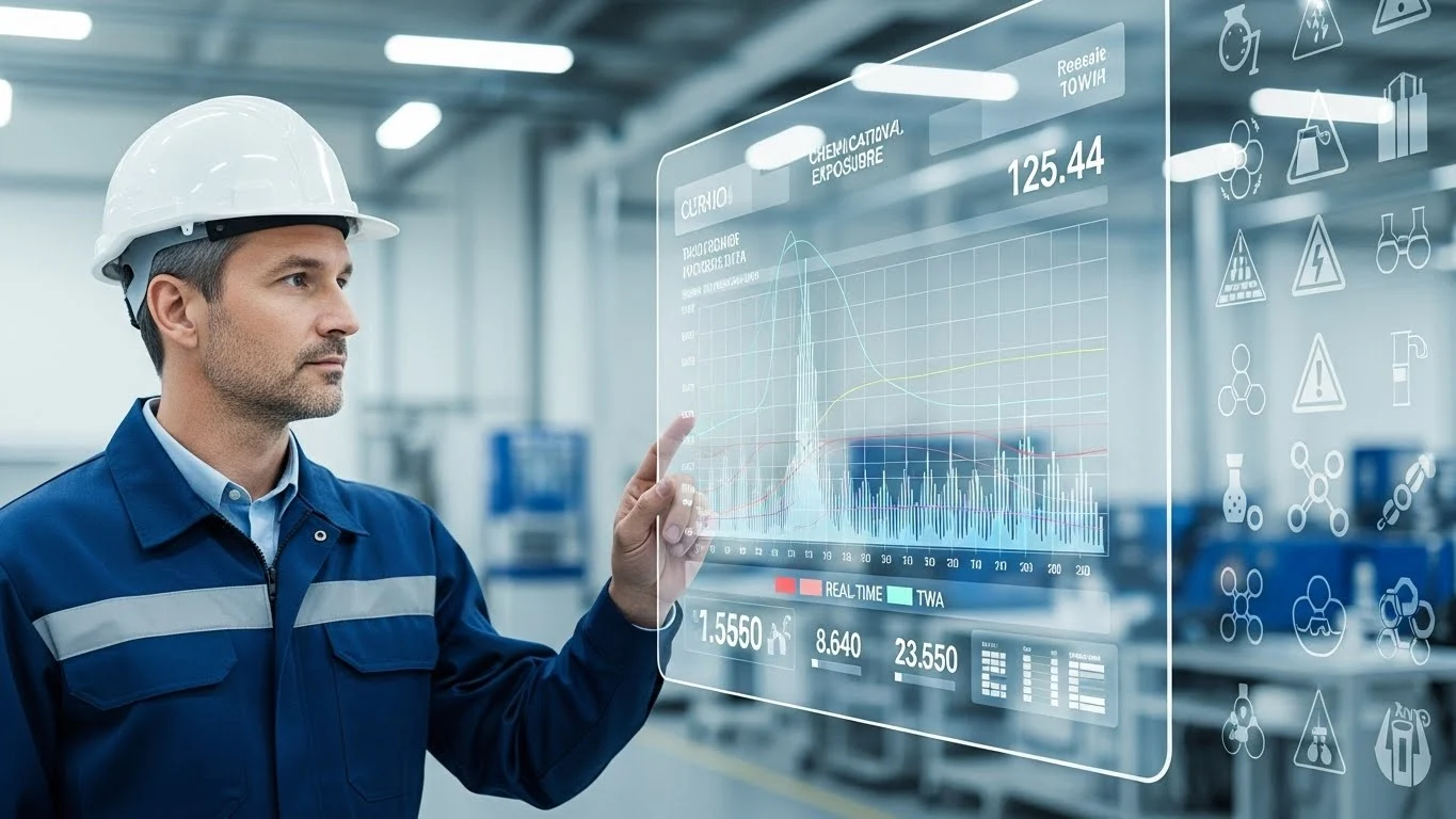 산업안전보건법에 따른 화학물질 TWA 허용농도 기준을 최신 개정 고시에 맞춰 확인하는 안전관리자의 모습.