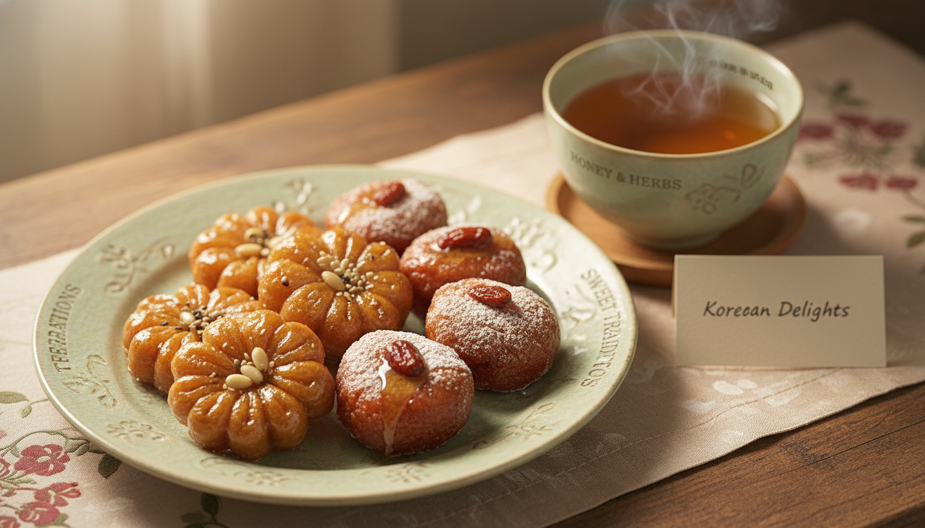 경복궁 생과방의 대표 추천 메뉴인 주악과 전통차 다과상