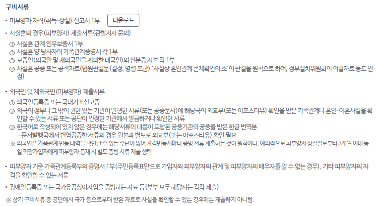 피부양자 자격취득위한 구비서류 (국민건강 홈페이지)