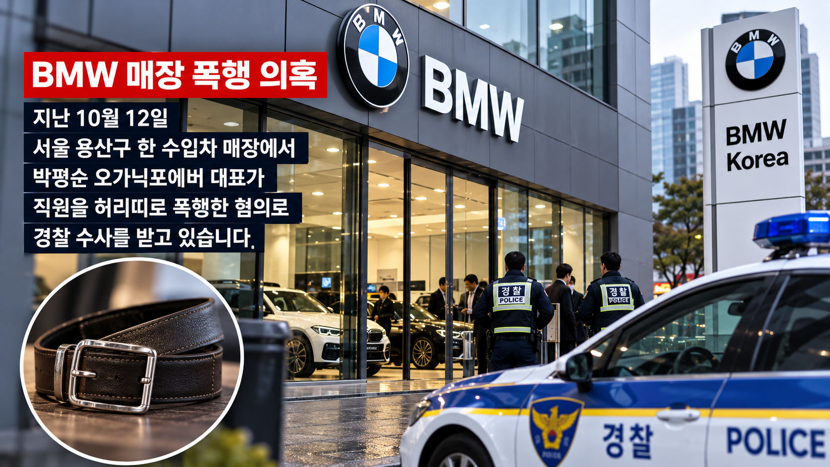 박평순 오가닉포에버 대표의 BMW 매장 직원 허리띠 폭행 의혹과 경찰 수사를 상징적으로 표현한 이미지