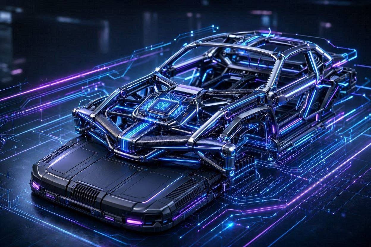 Abstract glowing 3D visualization of a futuristic car chassis integrated with high-tech microchips, digital data streams, and an advanced EV battery pack.