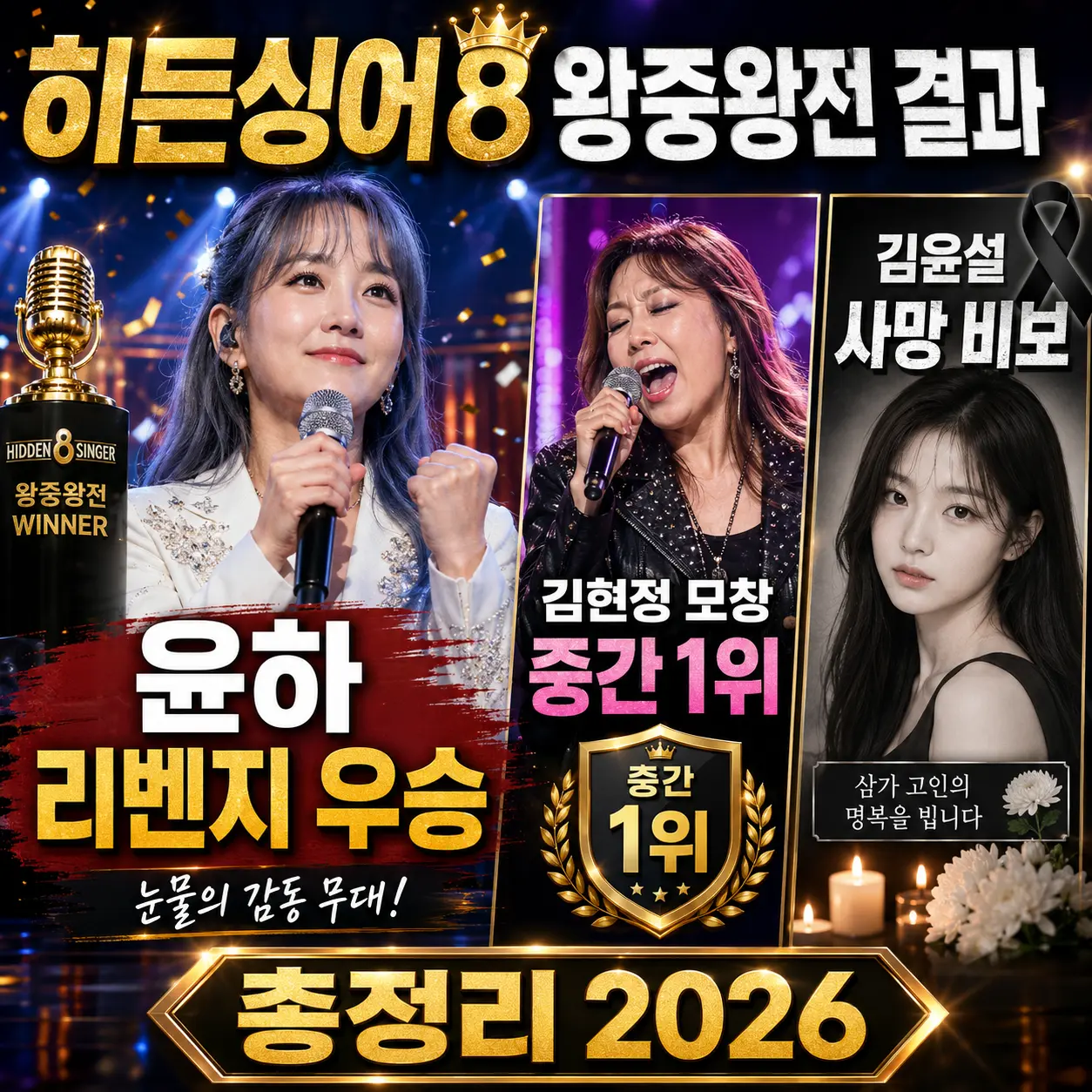 히든싱어8 왕중왕전 결과 — 윤하 리벤지 우승·김현정 모창 1위·싱어게인4 김윤설 사망 비보 총정리 2026