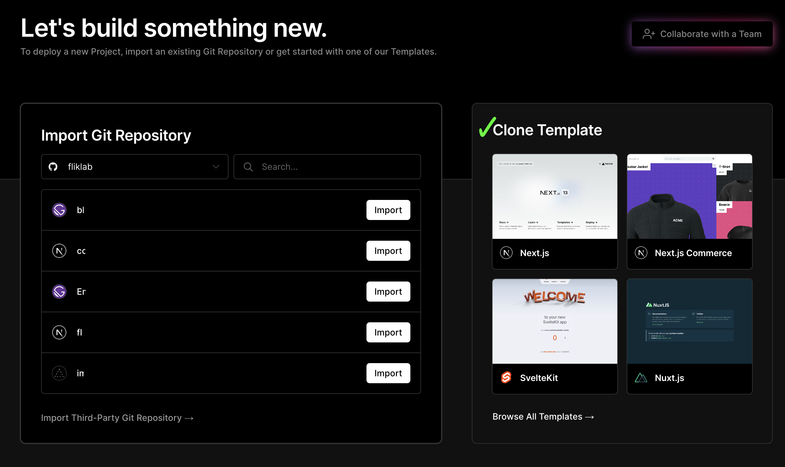 Vercel에서 새 프로젝트 생성
