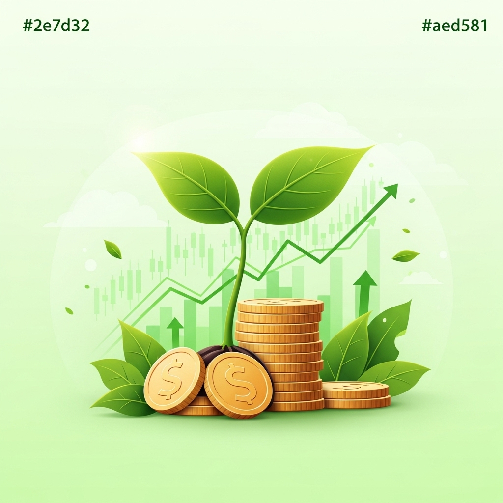 새싹이 자라나는 동전 더미와 주식 그래프, 성장하는 주식 투자를 상징하는 친환경적이고 희망적인 이미지