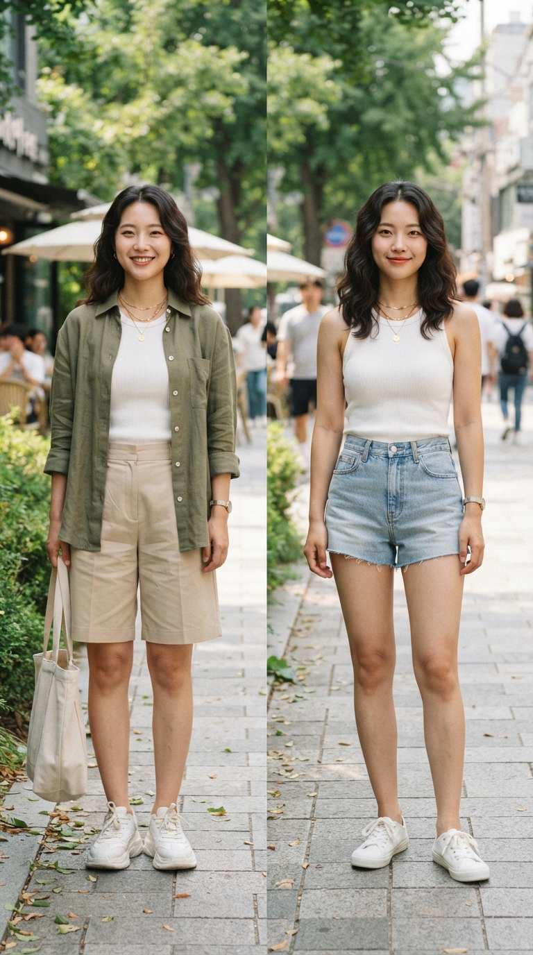 Split comparison photo of a young Korean woman wearing bermuda shorts on the left and micro shorts on the right, summer outdoor setting, soft natural lighting, fashion editorial style
