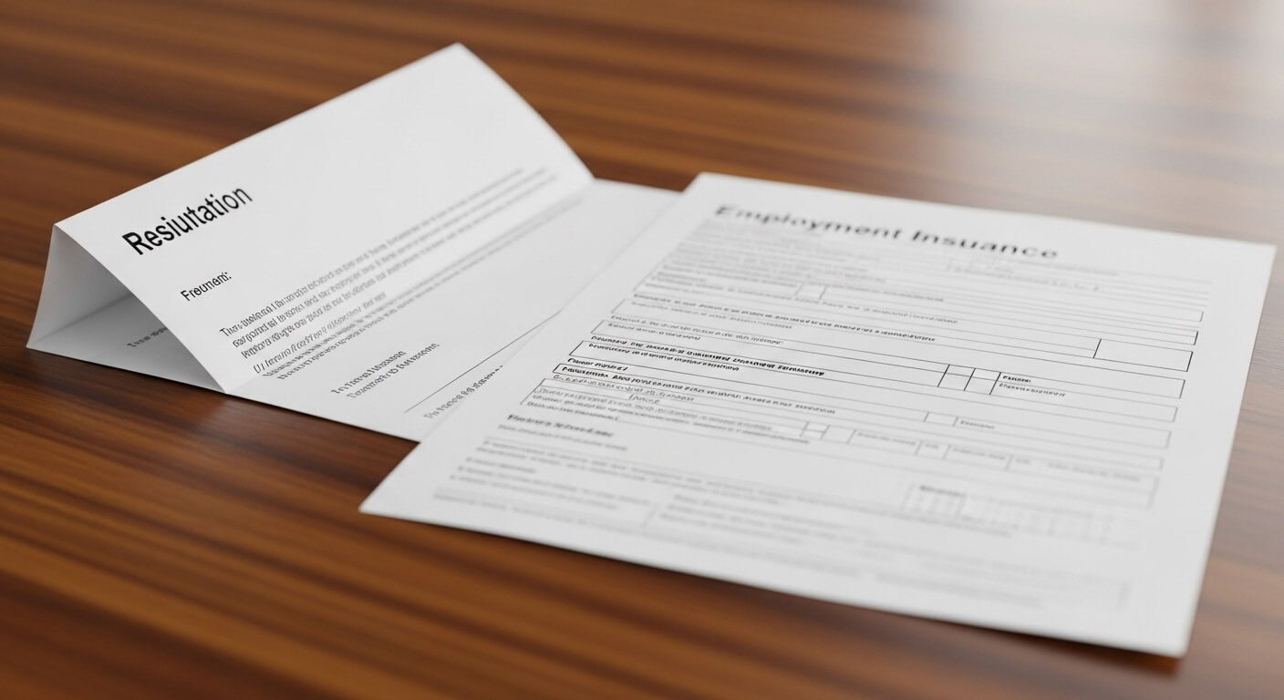 책상 위 사직서와 고용보험 신청서 서류