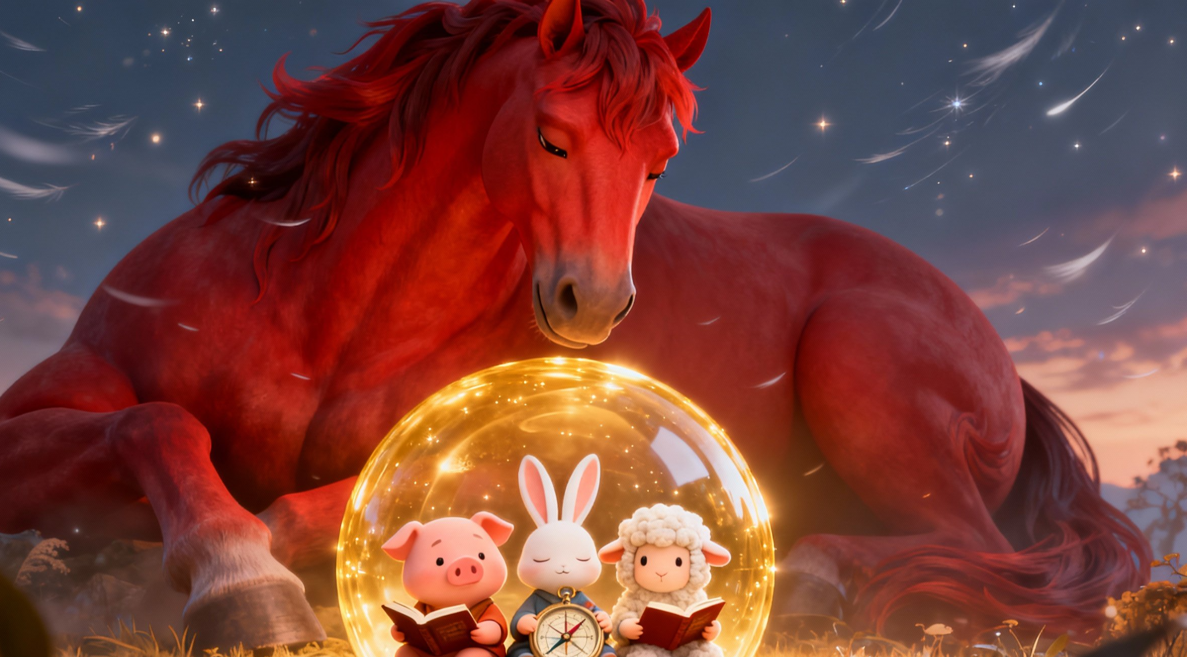 2026년 병오년 붉은 말의 해를 맞아, 눌삼재에 해당하는 돼지띠, 토끼띠, 양띠 캐릭터가 황금빛 보호막 안에서 지혜롭게 책과 나침반을 보며 평온하게 있는 3D 애니메이션 스타일 일러스트