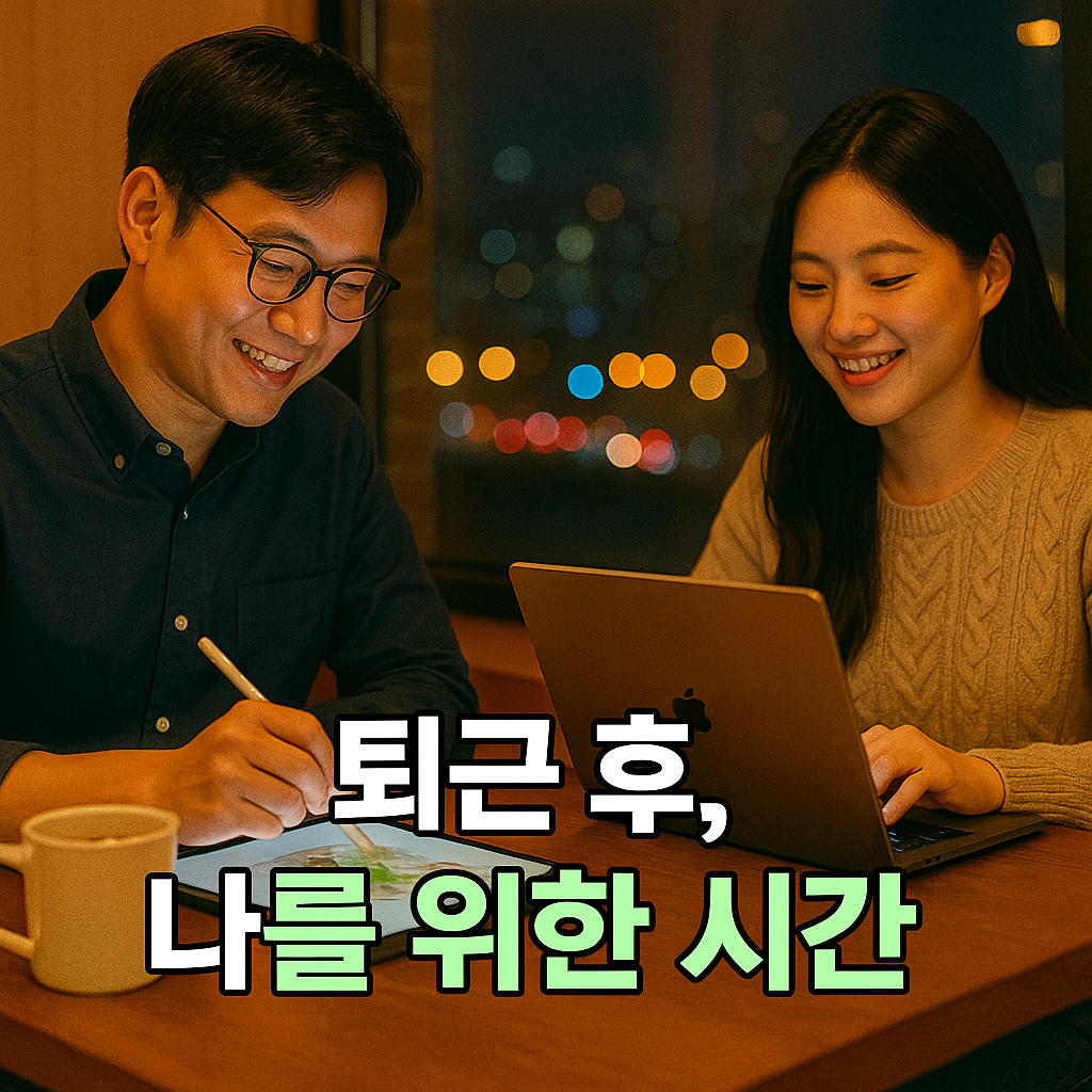 퇴근 후 카페에서 창작 활동을 즐기는 직장인 남녀