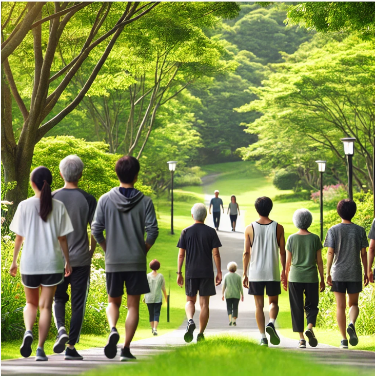 공원에서 사람들이 걷기를 하고 있는 모습