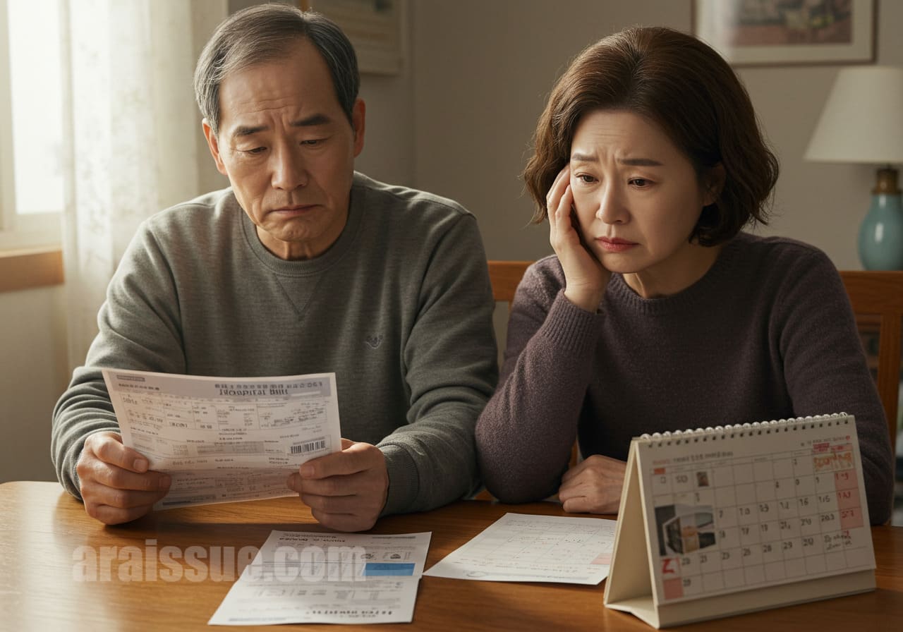 식탁 위에 병원 청구서와 일정표가 놓여 있고, 중장년 부부가 고개를 숙이며 걱정하는 모습입니다. 현실적인 경제적 부담을 상징합니다.