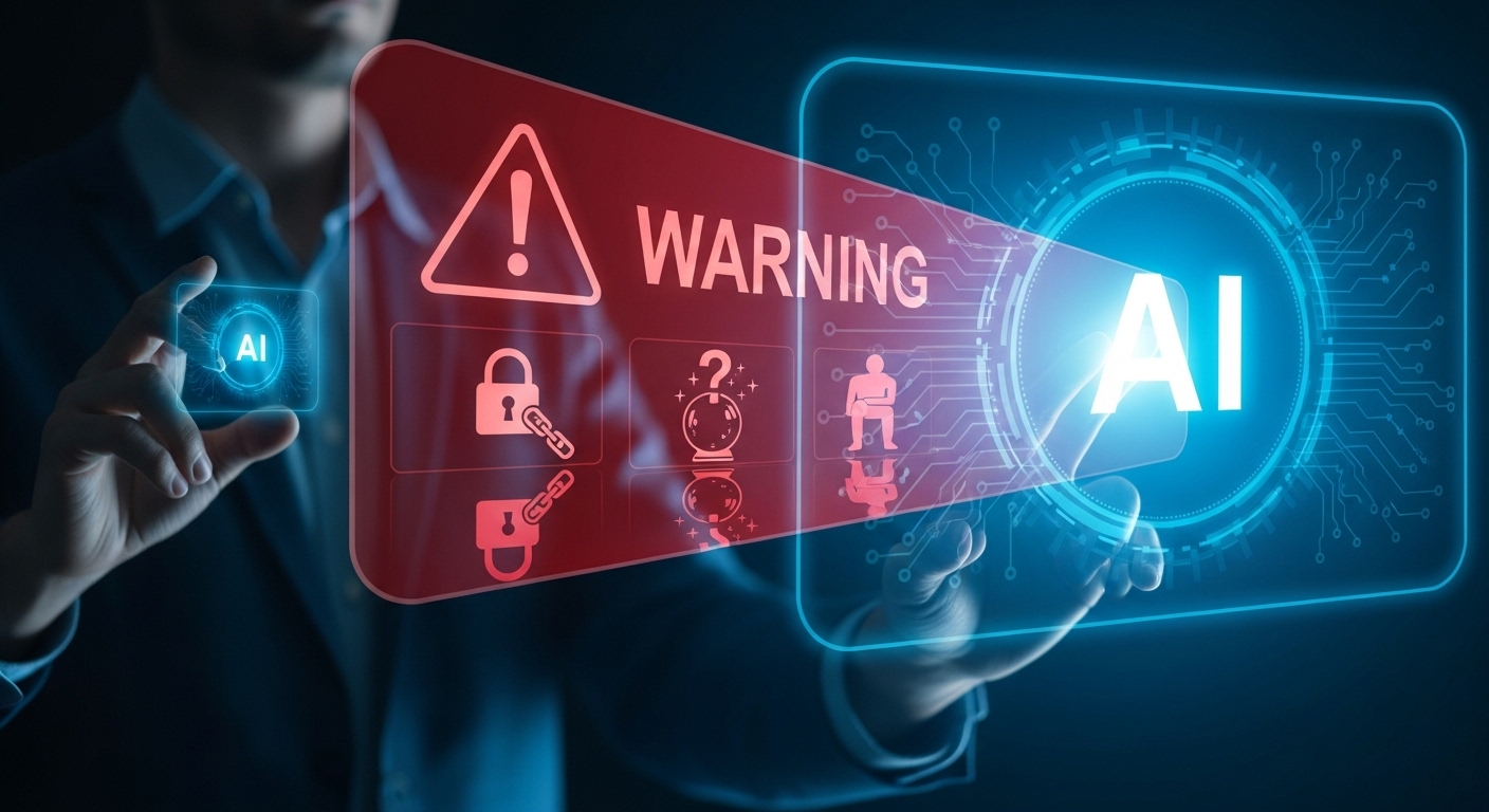 AI 재테크의 주의사항을 상징하는 이미지. 과도한 의존, 데이터 프라이버시 문제, 예측의 한계에 대한 경고를 나타내는 시각적 요소들이 파란색 배경 위에 붉은색 강조와 함께 표현됨.