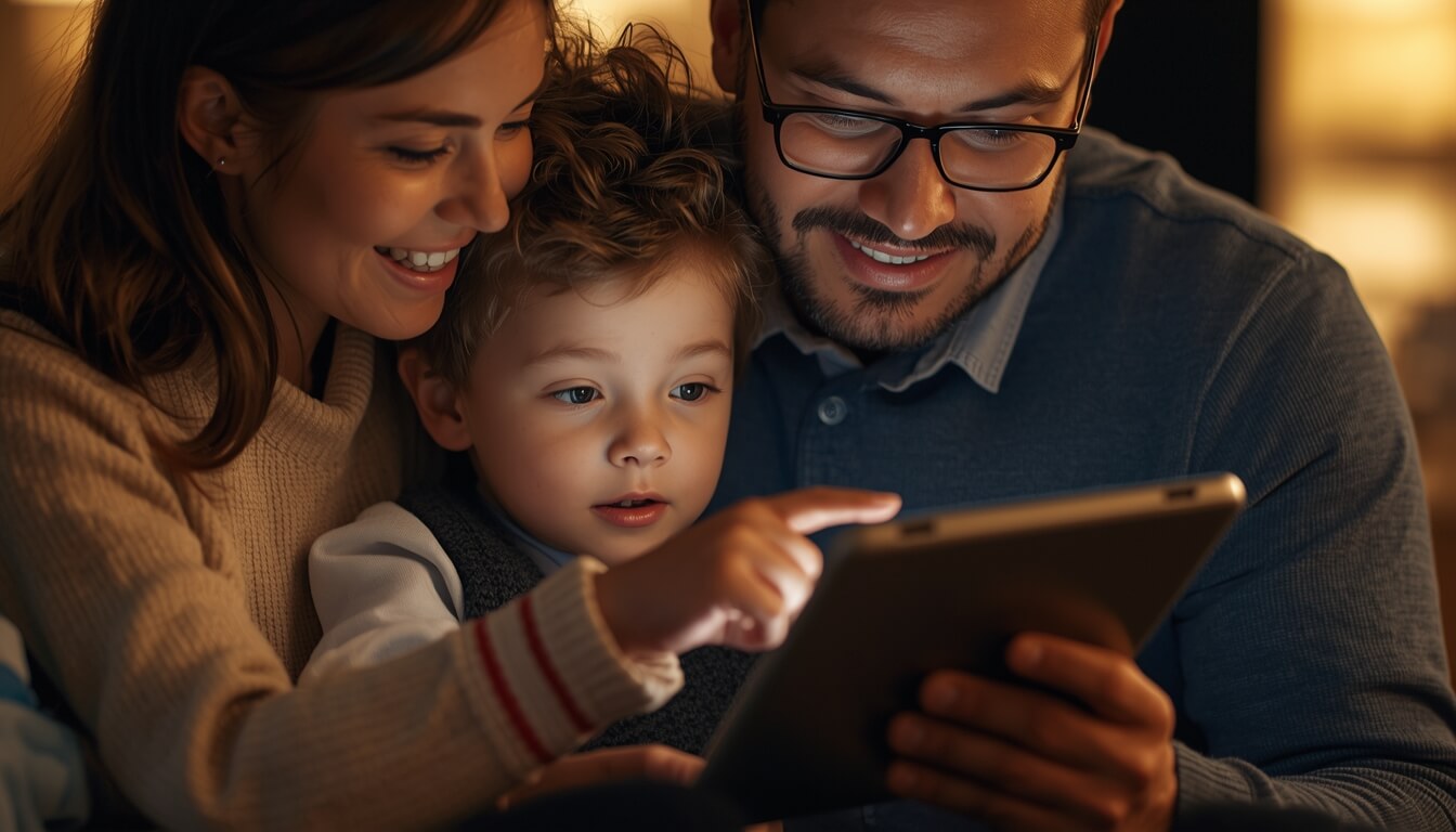 꿈바당 카드 가맹점을 확인하는 부모와 자녀