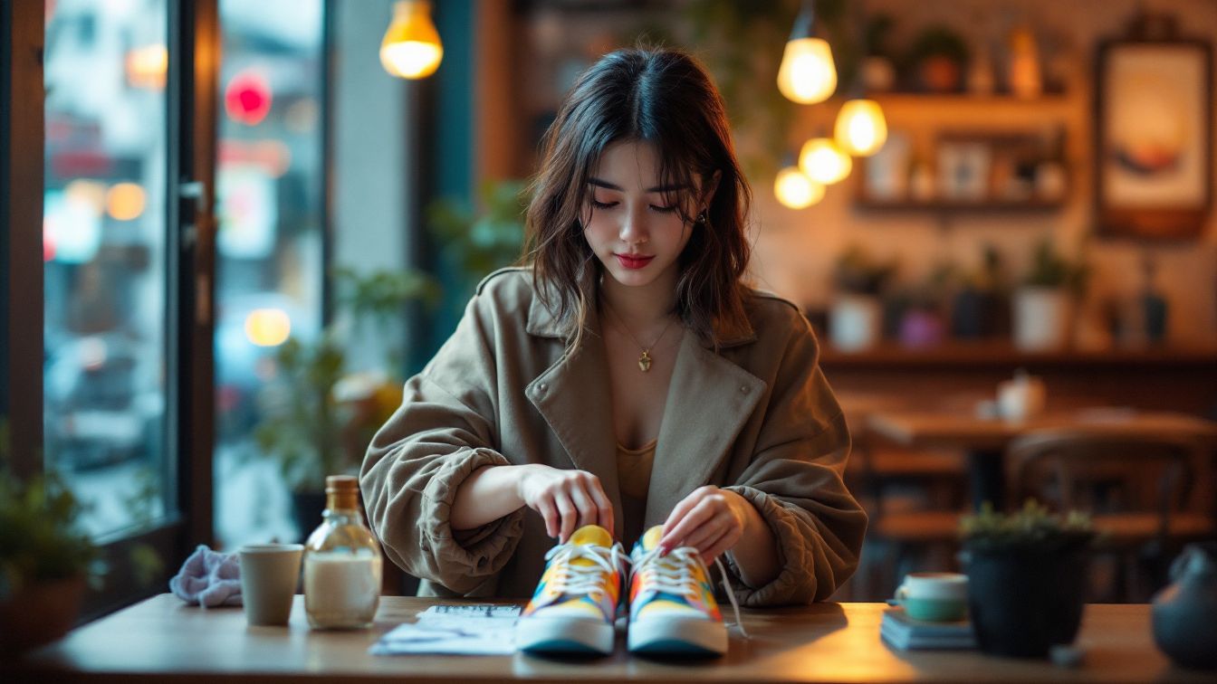 서울 감성 카페에서 알록달록한 운동화를 꾸미는 한국 여성의 모습
