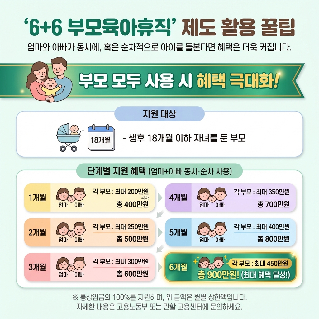 6+6부모육아휴직제도_활용꿀팁_생후18개월_최대월450만원_부모합산_요약인포그래픽.