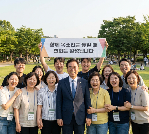 함께 손을 맞잡고 밝게 웃고 있는 다양한 연령대의 사회복지사들
